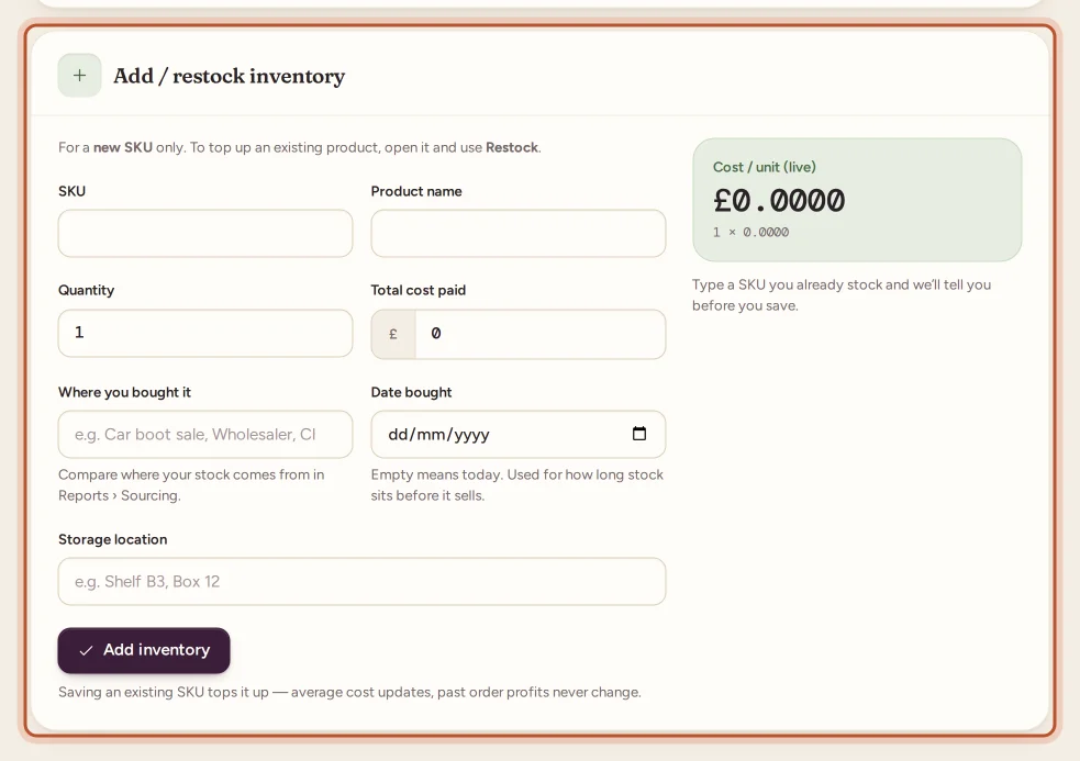 The Add / restock inventory form