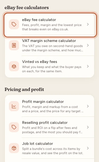 The list of free calculators in the app, grouped by eBay fees and pricing