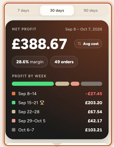 The net profit card on the app's Home screen with the period switch, cost pill and profit by week