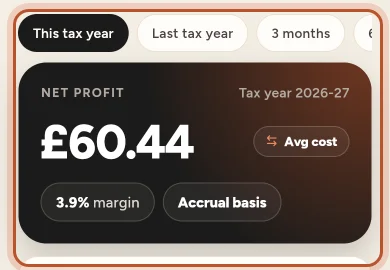 The Money tab with the period chips, net profit card and profit and loss