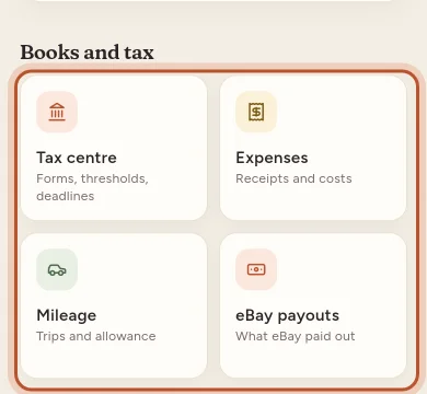 The Books and tax tiles and the More reports list on the Money tab