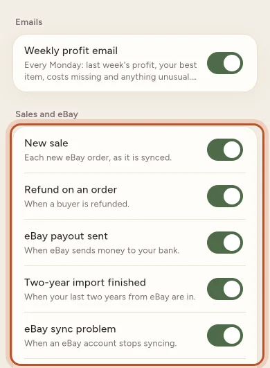 The Notifications screen with a switch for each kind of notification