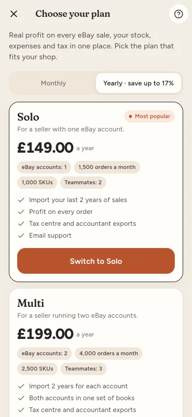 The plans screen in the app with monthly and yearly plans
