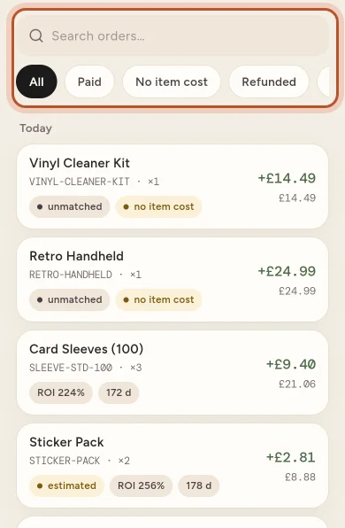 The Sales tab with search, filters and orders showing their profit