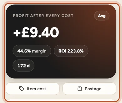 An order in the app with its profit, the Avg pill and the Item cost and Postage buttons