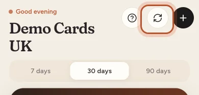 The top of the app's Home screen with the sync button and the period switch