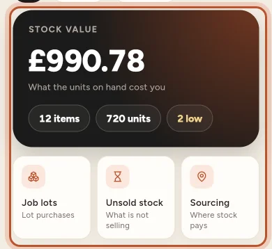 The Stock tab with the stock value card and the Job lots, Unsold stock and Sourcing shortcuts