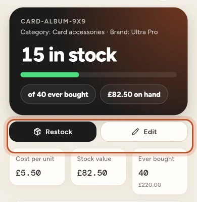 A stock item in the app with its units in stock and the Restock and Edit buttons