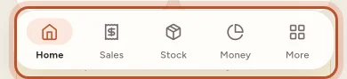 The app's tab bar with Home, Sales, Stock, Money and More
