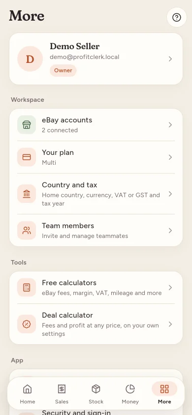 The More tab with eBay accounts, Your plan, Country and tax, calculators, Notifications and Appearance