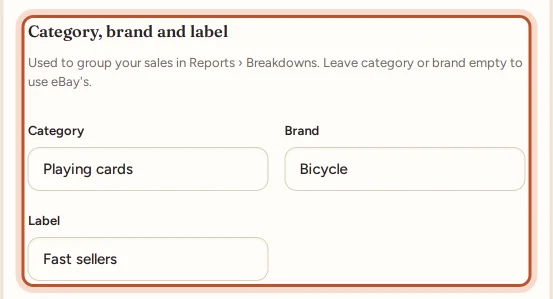 The Category, brand and label fields