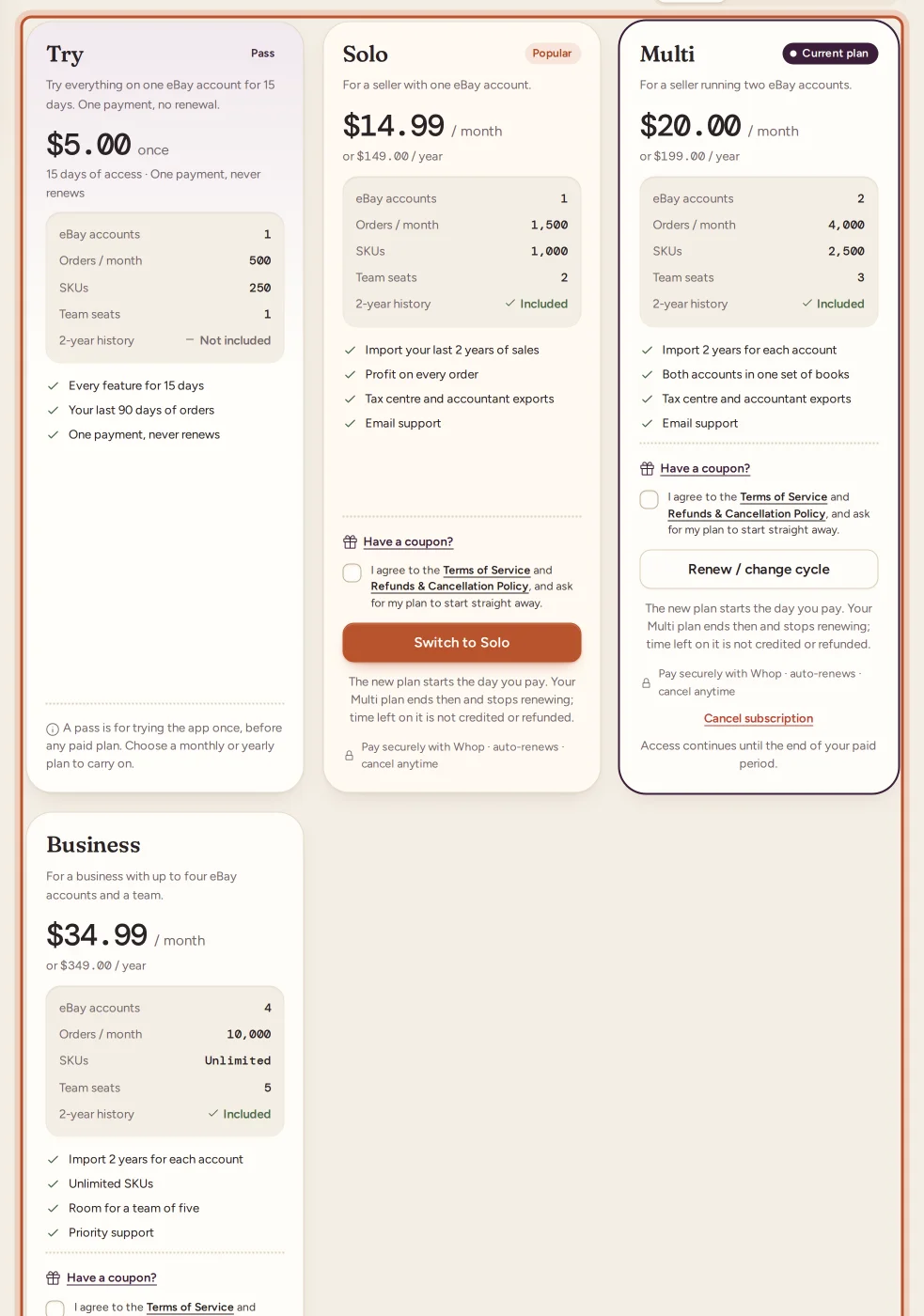 Plan cards with Switch to and Renew / change cycle