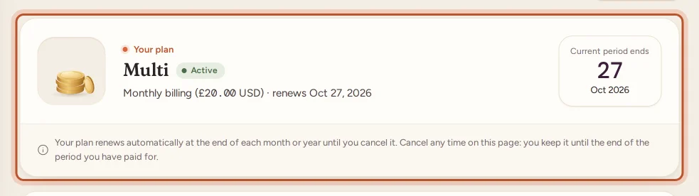 Your plan at the top of the Billing page