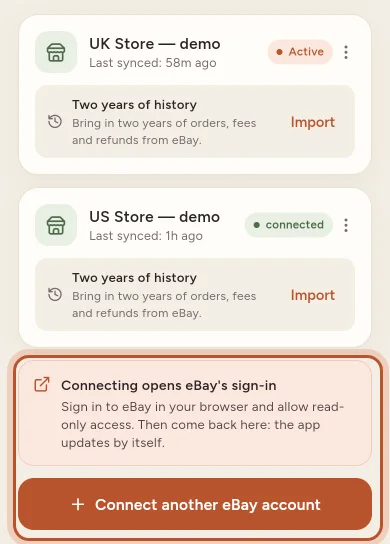 The eBay accounts screen in the app