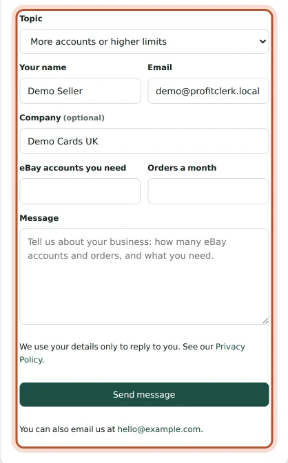 The contact form with the topic, name, email and message