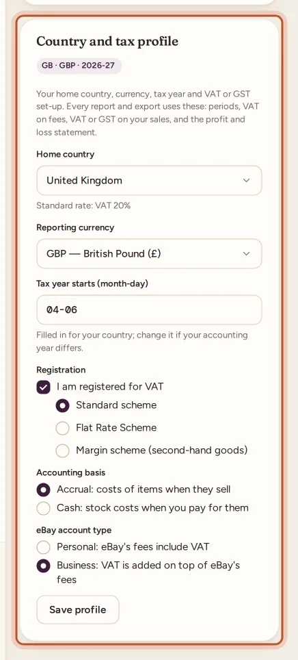 The Country and tax profile card