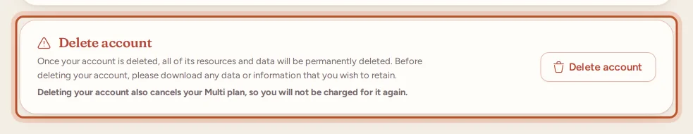 The Delete account card