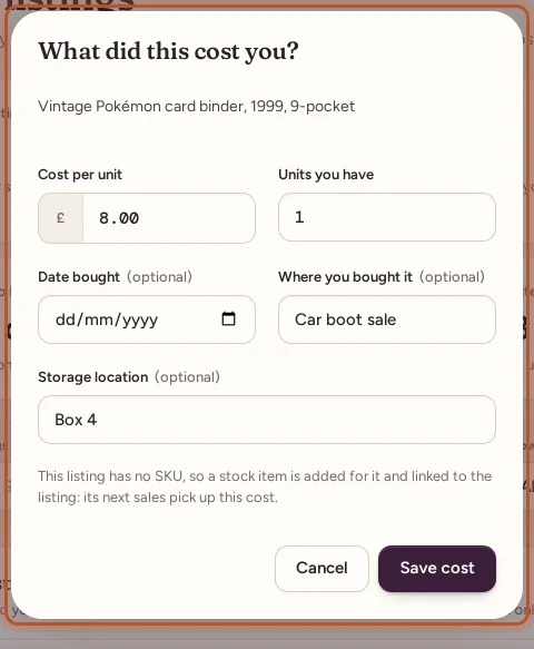 The Add cost form
