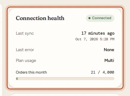 The Connection health card in Settings with the last sync and any last error