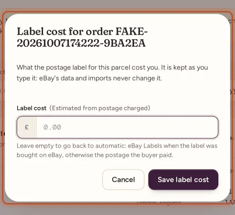 The label cost dialog