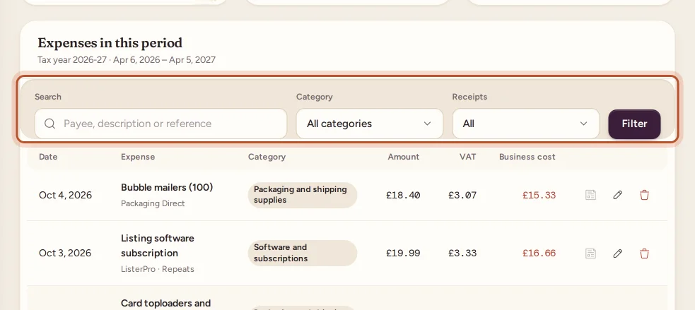 The expenses list with its filters