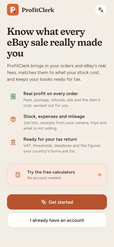 The app's welcome screen with buttons to get started, sign in or try the free calculators