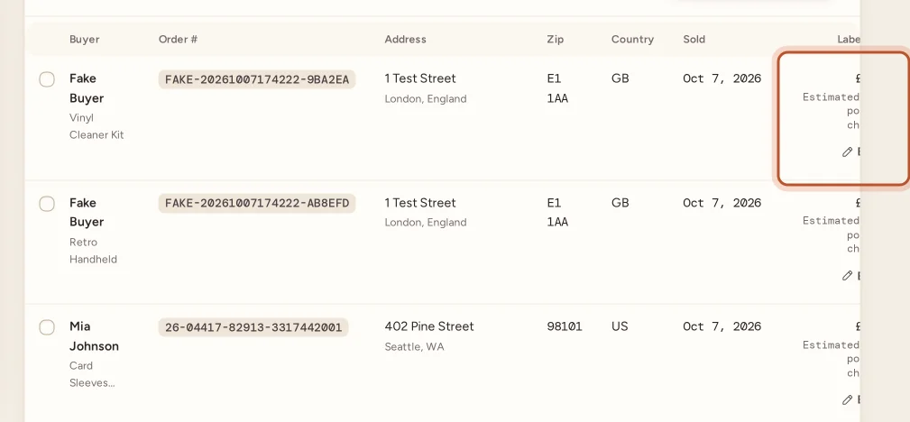The Label cost column on the Shipping page