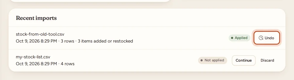 Recent imports with Undo