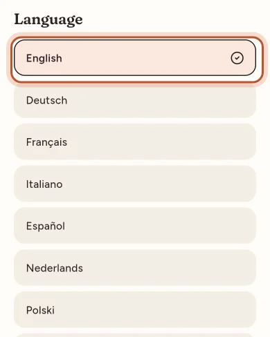 The language list in the app