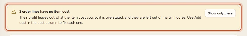 The No item cost banner on Orders