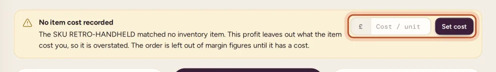 Setting a cost on an order