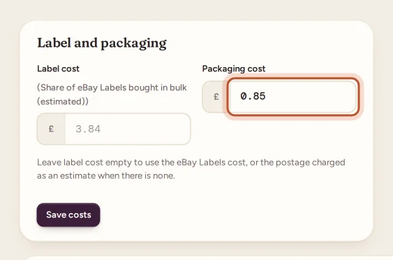 The Packaging cost box on an order