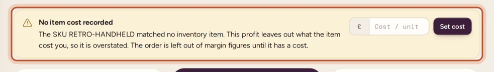 The No item cost recorded warning on an order, with a box to set the cost per unit