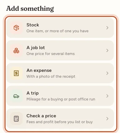 The Quick add sheet with five choices