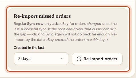 The Re-import missed orders form