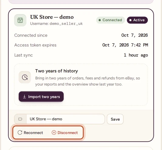An eBay account with the Reconnect button