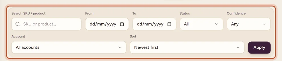 The filters on the Orders page, with the dates, status and account