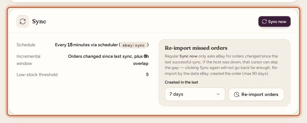 The Sync section in Settings with Sync now and Re-import missed orders