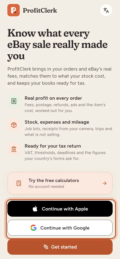 The Google and Apple buttons in the app