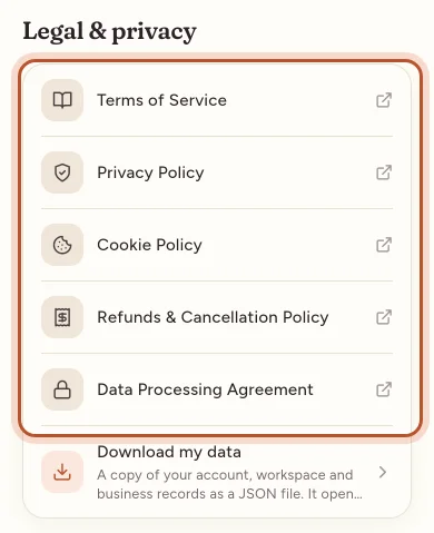 The Legal & privacy sheet in the app