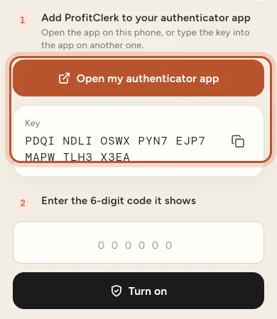 Turning on two-step sign-in in the app