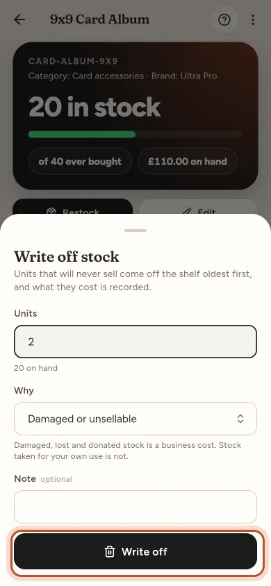 Writing off stock in the app
