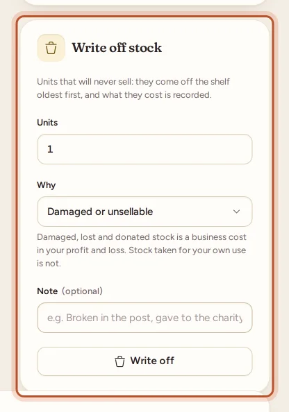 The Write off stock card